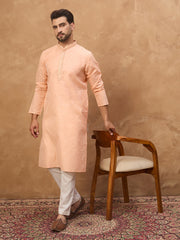 Ethnic Bay Men Peach Silk Blend Solid Embroidered Straight Kurta-MKU1453