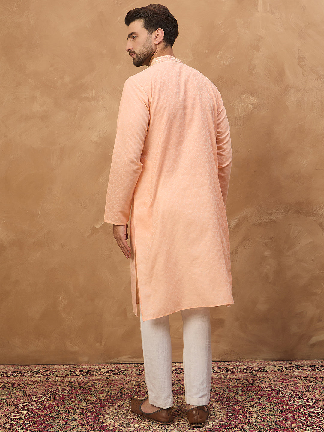 Ethnic Bay Men Peach Silk Blend Solid Embroidered Straight Kurta-MKU1453