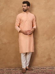 Ethnic Bay Men Peach Silk Blend Solid Embroidered Straight Kurta-MKU1453