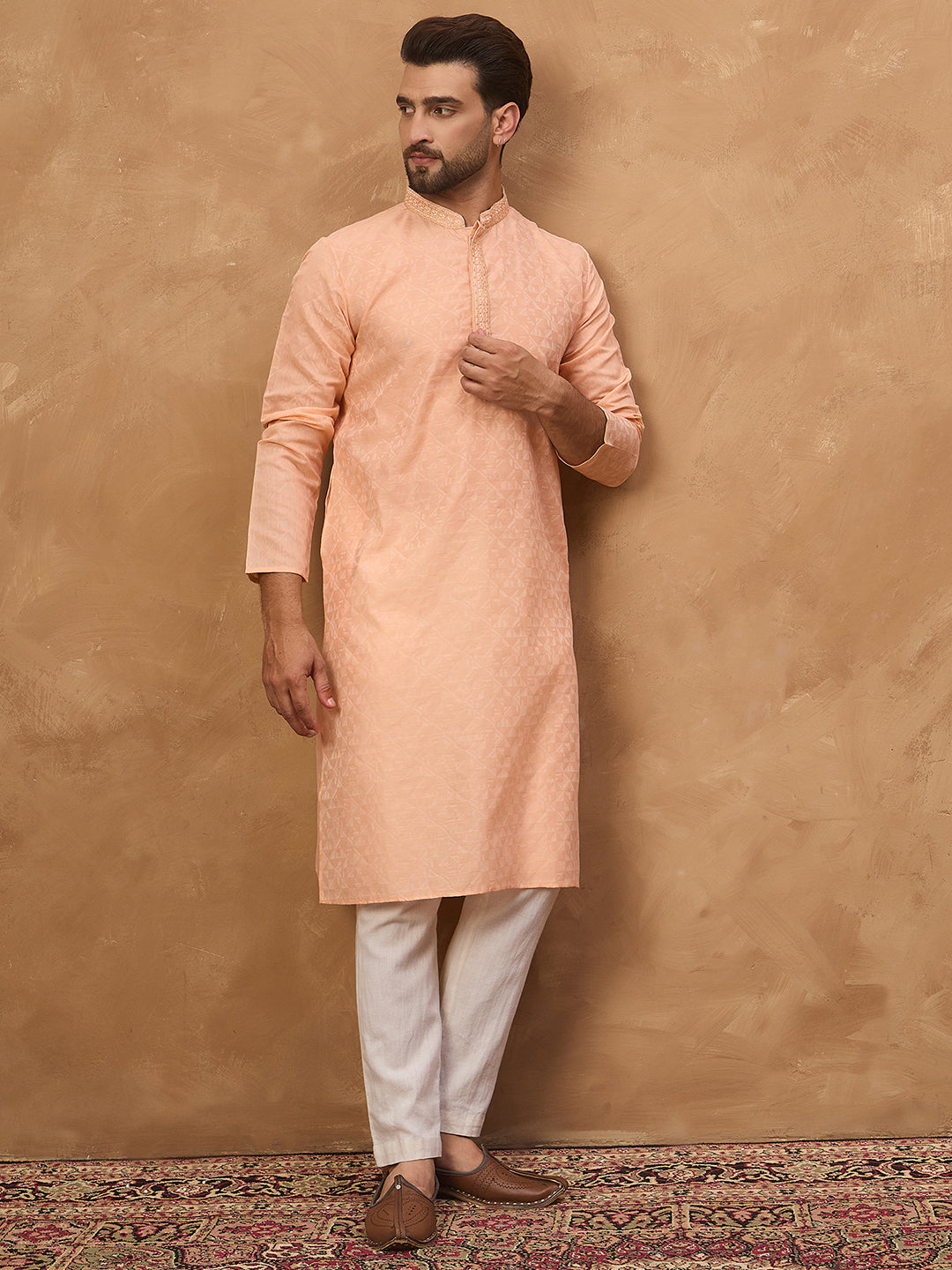 Ethnic Bay Men Peach Silk Blend Solid Embroidered Straight Kurta-MKU1453