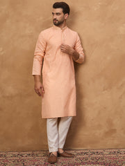 Ethnic Bay Men Peach Silk Blend Solid Embroidered Straight Kurta-MKU1453