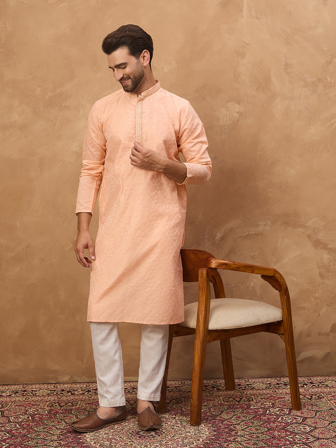Ethnic Bay Men Peach Silk Blend Solid Embroidered Straight Kurta-MKU1453