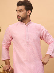 Ethnic Bay Men Pink Silk Blend Solid Embroidered Straight Kurta-MKU1454