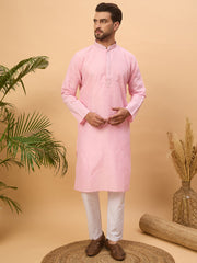 Ethnic Bay Men Pink Silk Blend Solid Embroidered Straight Kurta-MKU1454