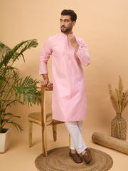 Ethnic Bay Men Pink Silk Blend Solid Embroidered Straight Kurta-MKU1454