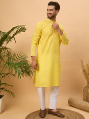 Ethnic Bay Men Yellow Silk Blend Solid Embroidered Straight Kurta-MKU1455