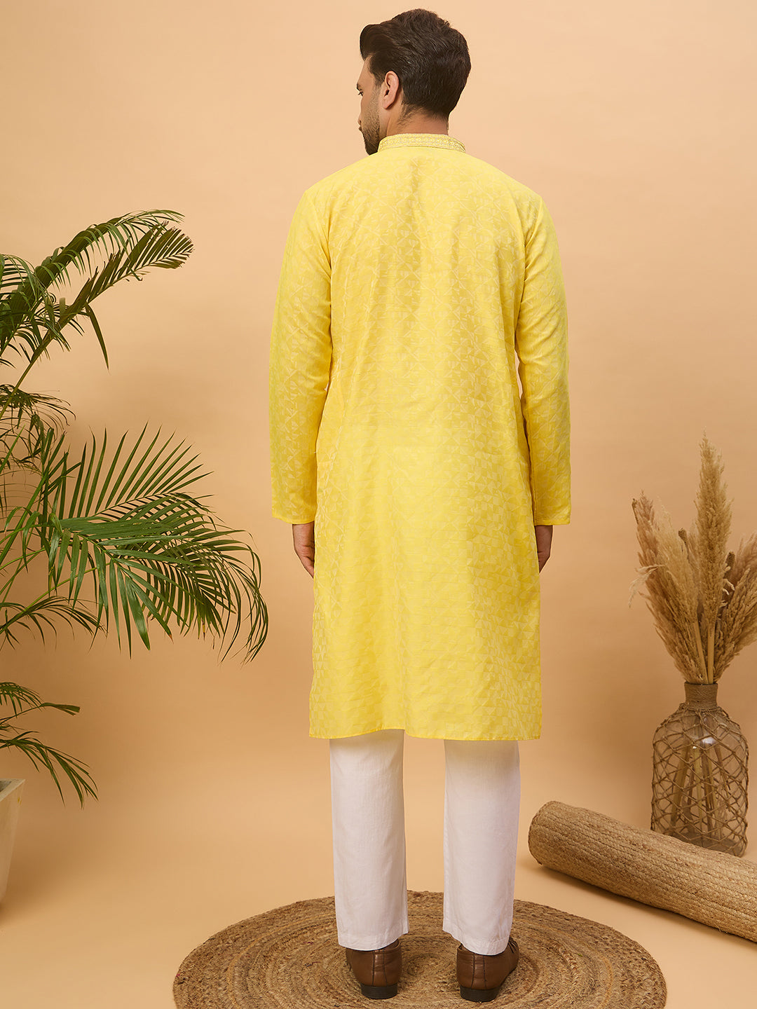 Ethnic Bay Men Yellow Silk Blend Solid Embroidered Straight Kurta-MKU1455