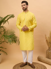 Ethnic Bay Men Yellow Silk Blend Solid Embroidered Straight Kurta-MKU1455