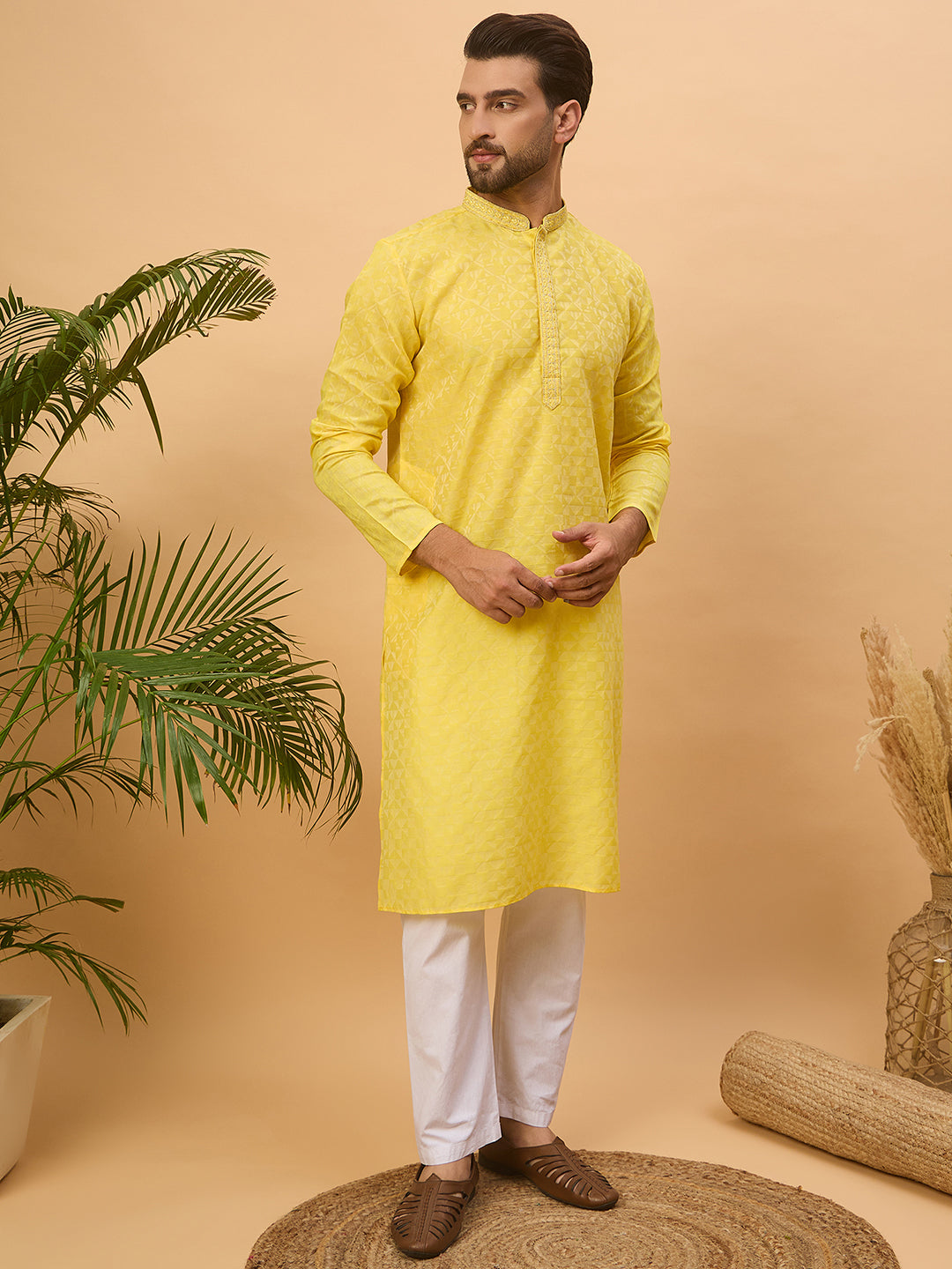 Ethnic Bay Men Yellow Silk Blend Solid Embroidered Straight Kurta-MKU1455