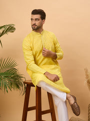 Ethnic Bay Men Yellow Silk Blend Solid Embroidered Straight Kurta-MKU1455