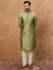 Ethnic Bay Men Green Silk Blend Solid Woven Design Straight Kurta-MKU1456
