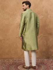 Ethnic Bay Men Green Silk Blend Solid Woven Design Straight Kurta-MKU1456