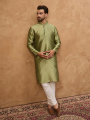 Ethnic Bay Men Green Silk Blend Solid Woven Design Straight Kurta-MKU1456