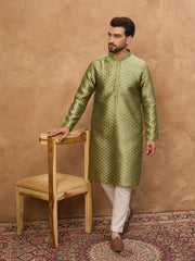 Ethnic Bay Men Green Silk Blend Solid Woven Design Straight Kurta-MKU1456