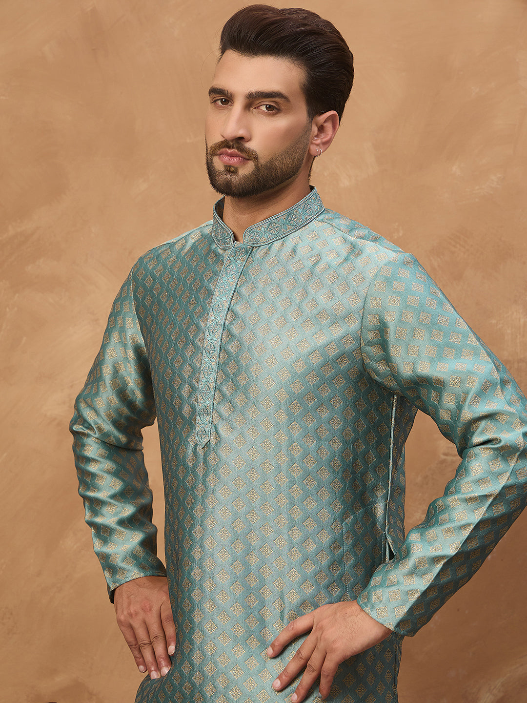 Ethnic Bay Men Blue Silk Blend Solid Woven Design Straight Kurta-MKU1457