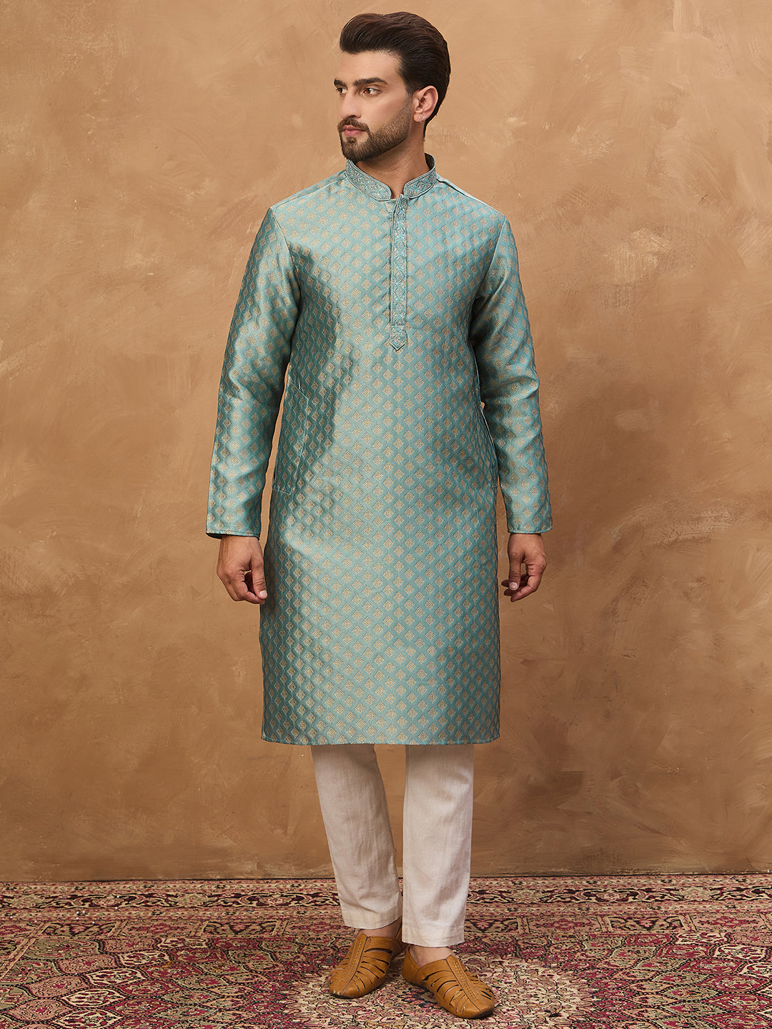 Ethnic Bay Men Blue Silk Blend Solid Woven Design Straight Kurta-MKU1457