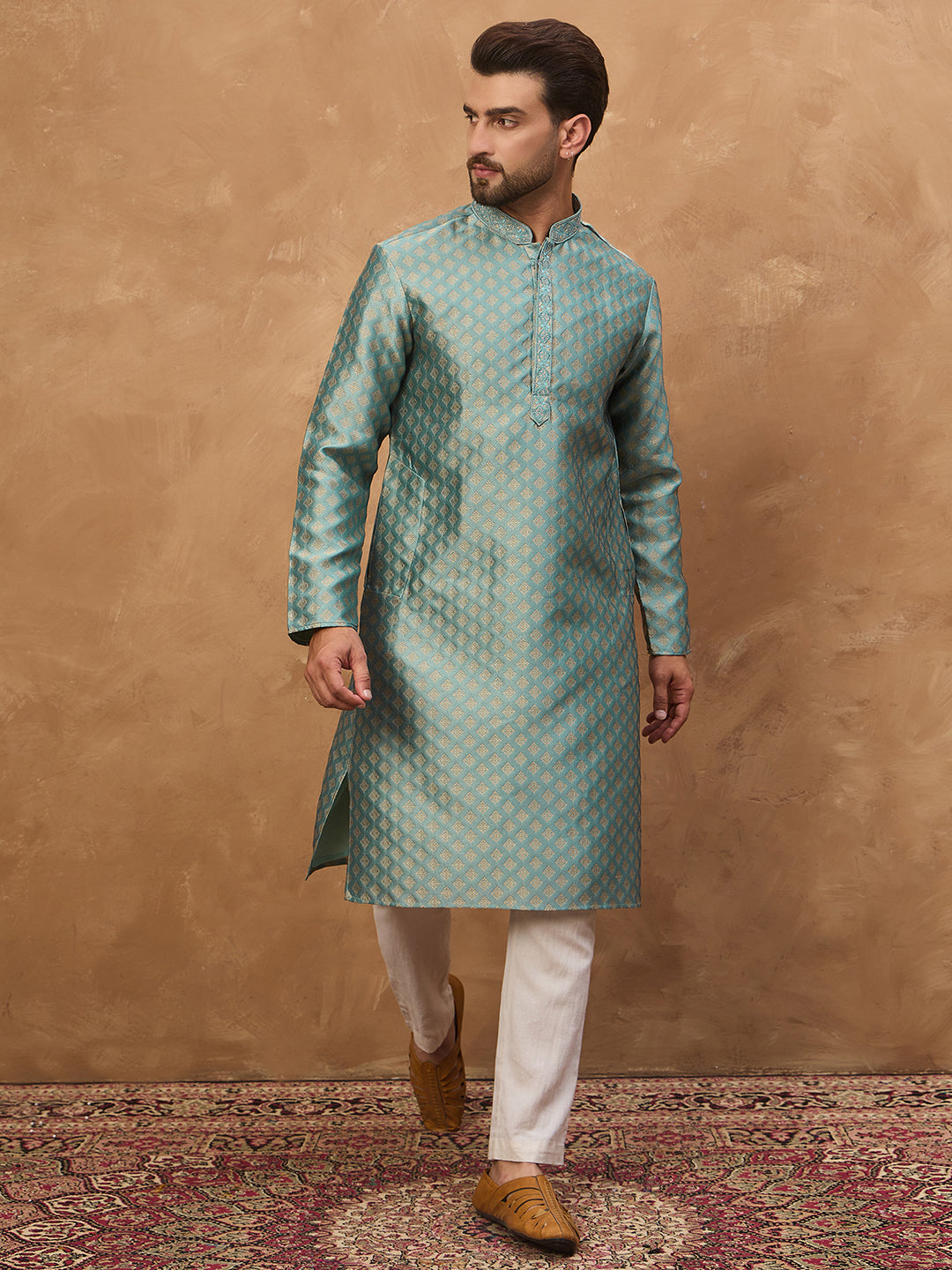 Ethnic Bay Men Blue Silk Blend Solid Woven Design Straight Kurta-MKU1457