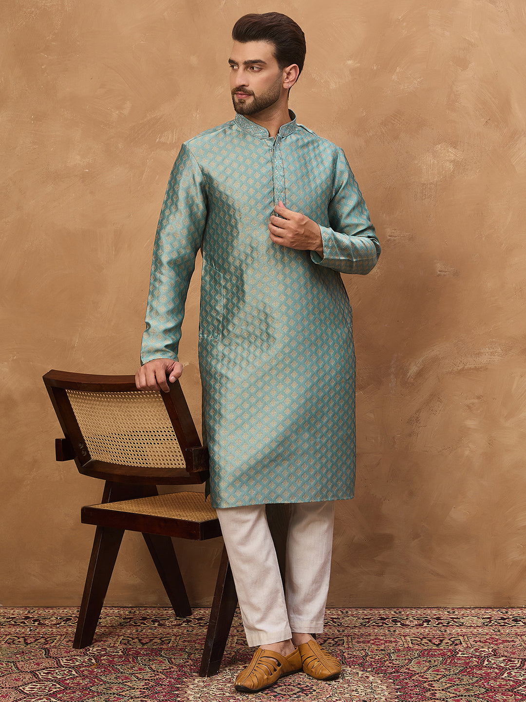 Ethnic Bay Men Blue Silk Blend Solid Woven Design Straight Kurta-MKU1457