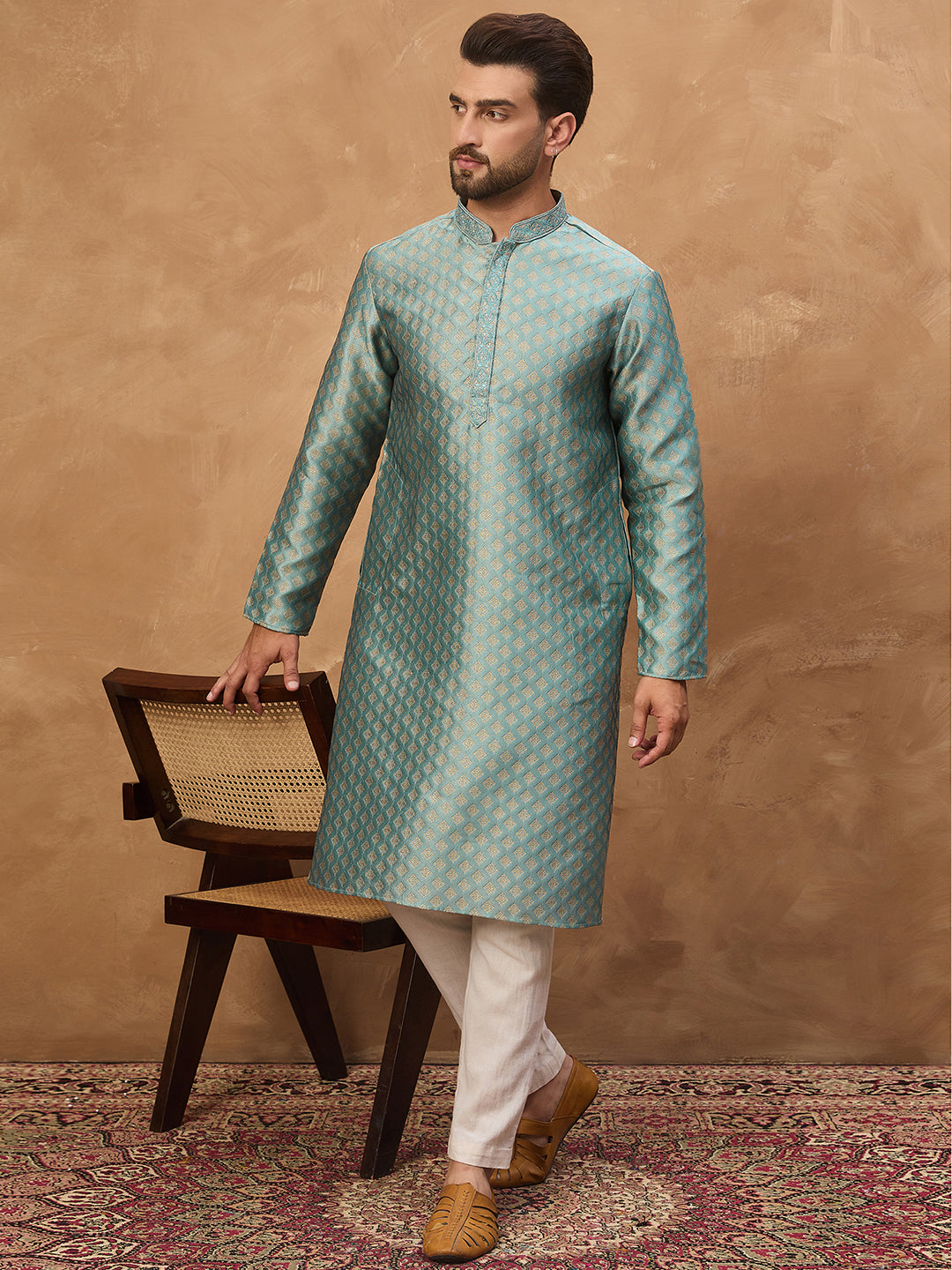 Ethnic Bay Men Blue Silk Blend Solid Woven Design Straight Kurta-MKU1457