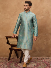 Ethnic Bay Men Blue Silk Blend Solid Woven Design Straight Kurta-MKU1457