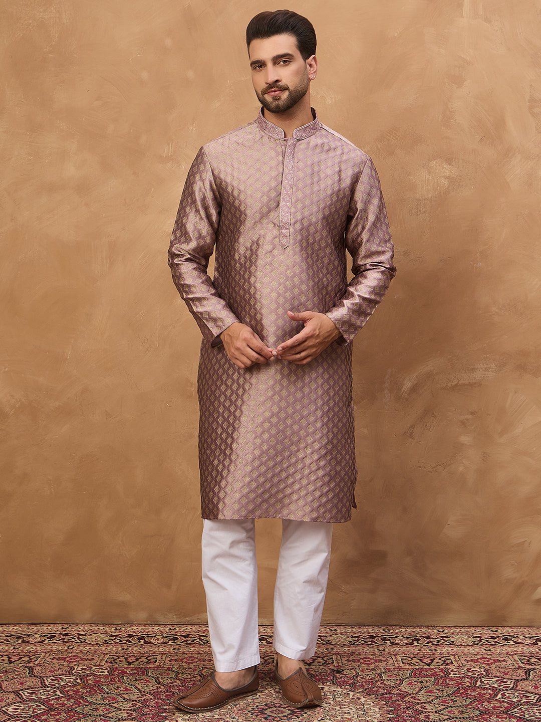 Ethnic Bay Men Mauve Silk Blend Solid Woven Design Straight Kurta-MKU1458