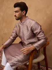 Ethnic Bay Men Mauve Silk Blend Solid Woven Design Straight Kurta-MKU1458