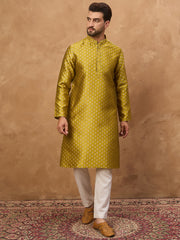 Ethnic Bay Men Yellow Silk Blend Solid Woven Design Straight Kurta-MKU1459