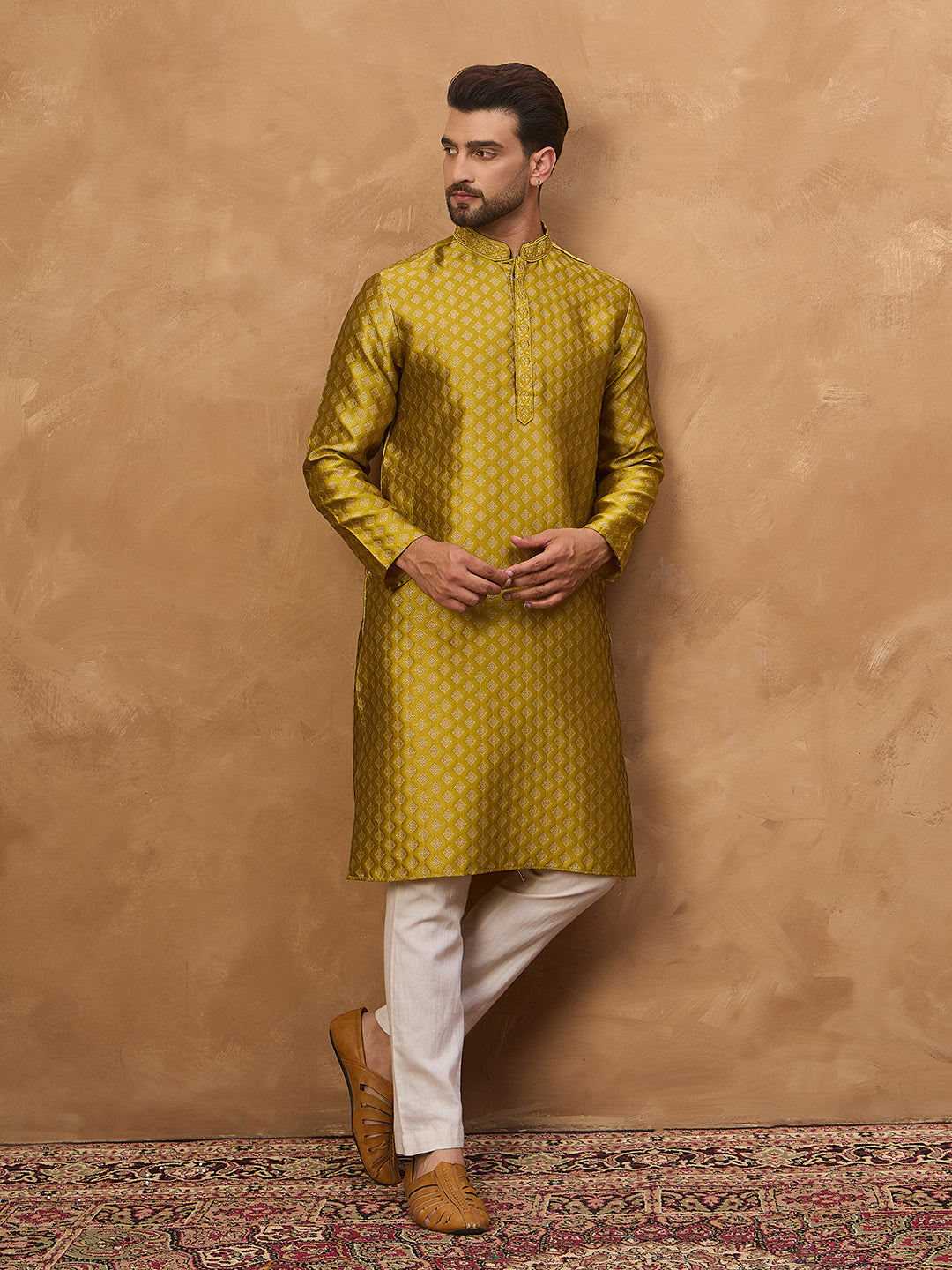 Ethnic Bay Men Yellow Silk Blend Solid Woven Design Straight Kurta-MKU1459
