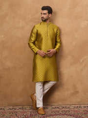 Ethnic Bay Men Yellow Silk Blend Solid Woven Design Straight Kurta-MKU1459