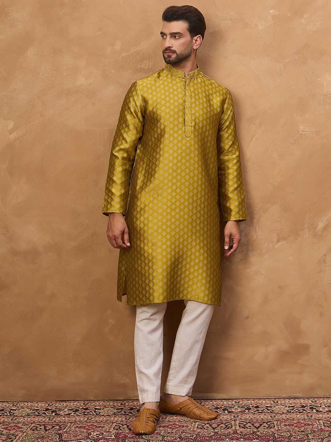 Ethnic Bay Men Yellow Silk Blend Solid Woven Design Straight Kurta-MKU1459