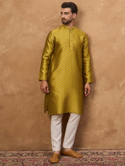 Ethnic Bay Men Yellow Silk Blend Solid Woven Design Straight Kurta-MKU1459
