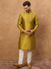 Ethnic Bay Men Yellow Silk Blend Solid Woven Design Straight Kurta-MKU1459
