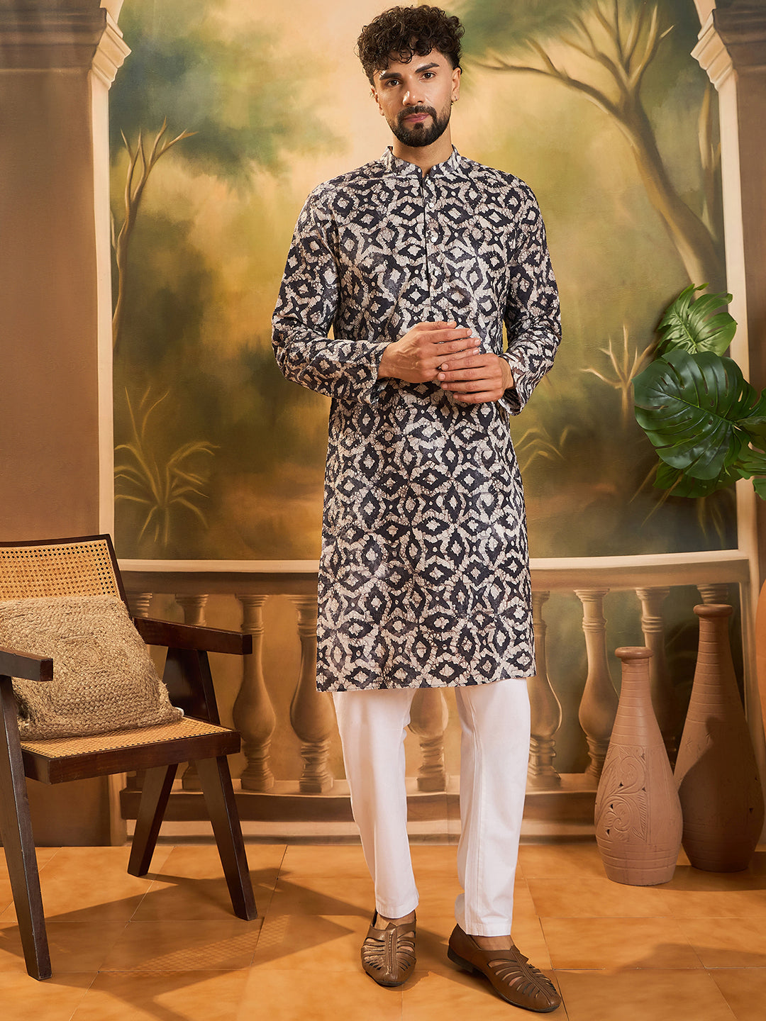 Ethnic Bay Men Blue Pure Cotton Batik Embroidered Straight Kurta with Trouser-MKSET1460