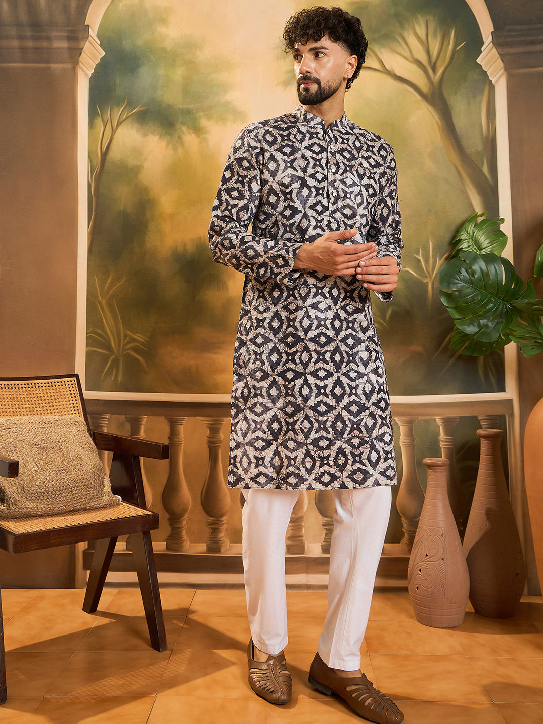 Ethnic Bay Men Blue Pure Cotton Batik Embroidered Straight Kurta with Trouser-MKSET1460