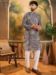 Ethnic Bay Men Blue Pure Cotton Batik Embroidered Straight Kurta with Trouser-MKSET1460