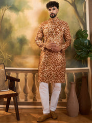 Ethnic Bay Men Brown Pure Cotton Batik Embroidered Straight Kurta with Trouser-MKSET1461