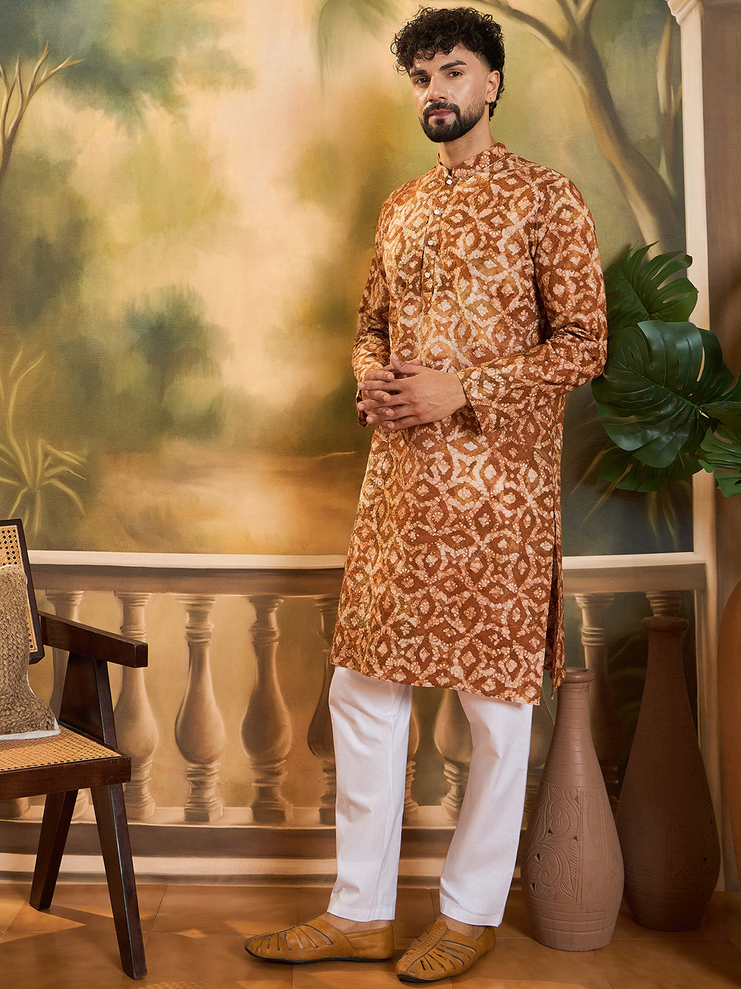 Ethnic Bay Men Brown Pure Cotton Batik Embroidered Straight Kurta with Trouser-MKSET1461