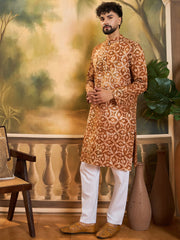 Ethnic Bay Men Brown Pure Cotton Batik Embroidered Straight Kurta with Trouser-MKSET1461