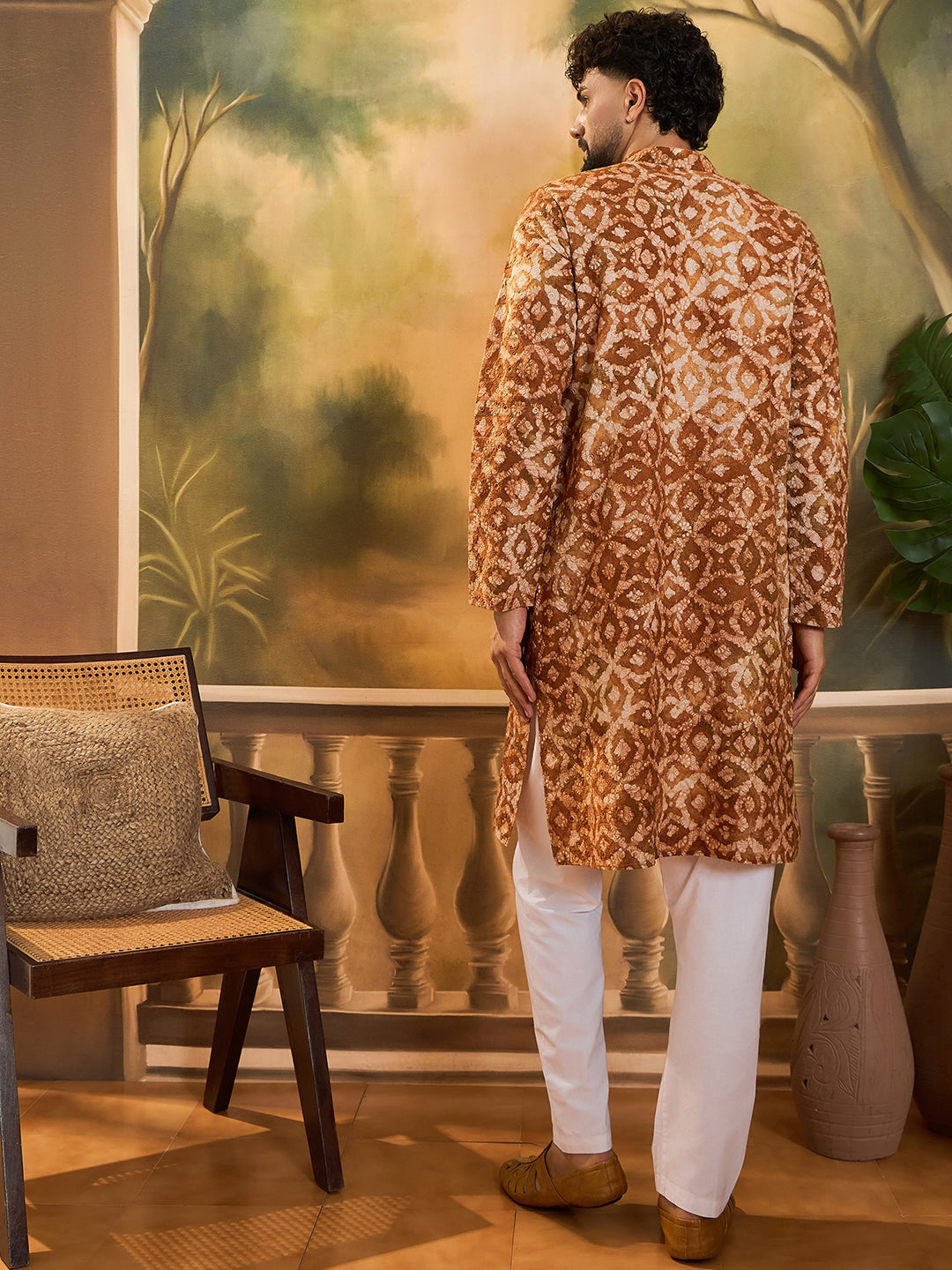 Ethnic Bay Men Brown Pure Cotton Batik Embroidered Straight Kurta with Trouser-MKSET1461