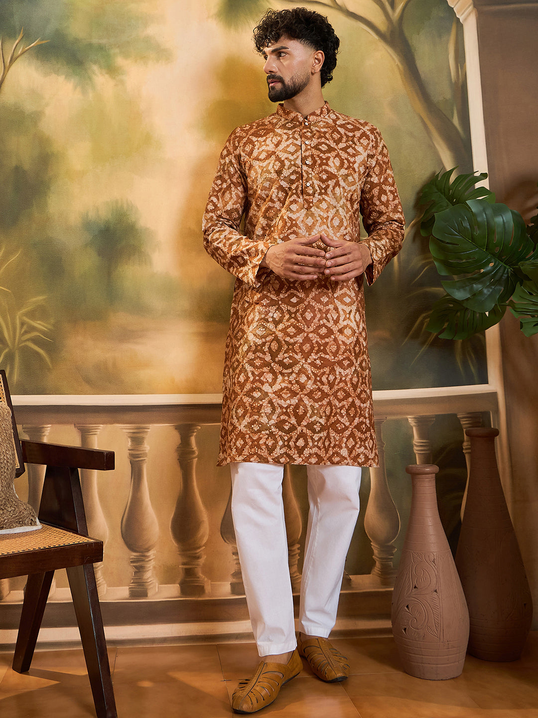 Ethnic Bay Men Brown Pure Cotton Batik Embroidered Straight Kurta with Trouser-MKSET1461