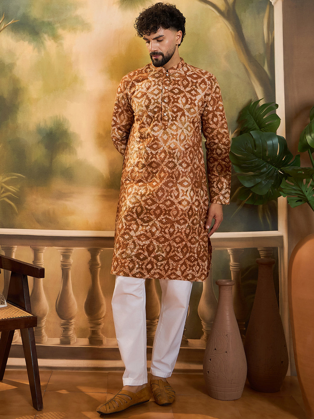 Ethnic Bay Men Brown Pure Cotton Batik Embroidered Straight Kurta with Trouser-MKSET1461