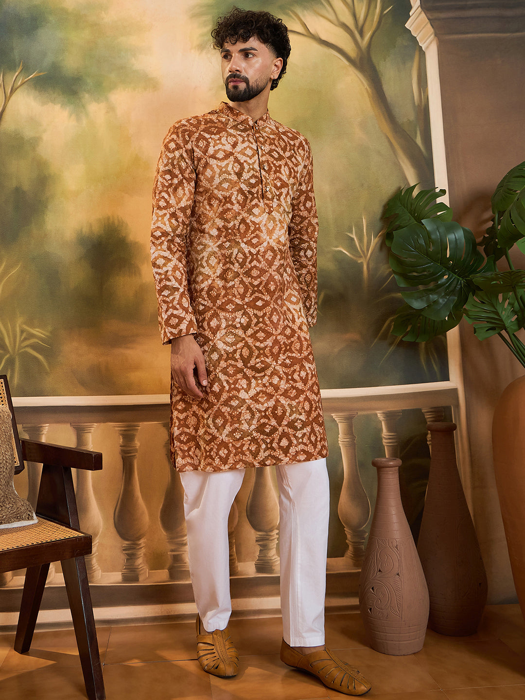 Ethnic Bay Men Brown Pure Cotton Batik Embroidered Straight Kurta with Trouser-MKSET1461