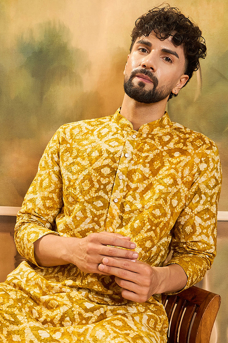 Yellow Cotton Shibori Embroidered Straight Kurta MKU1462