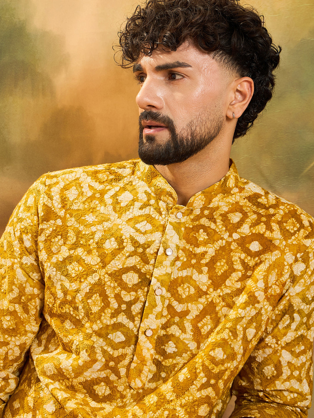 Ethnic Bay Men Yellow Pure Cotton Shibori Embroidered Straight Kurta with Trouser-MKSET1462
