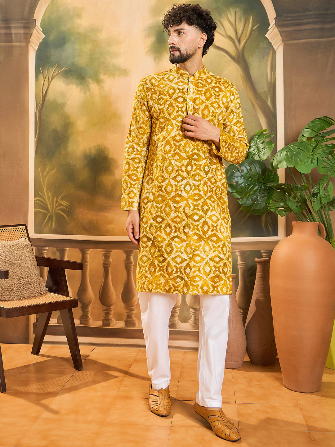 Ethnic Bay Men Yellow Pure Cotton Shibori Embroidered Straight Kurta with Trouser-MKSET1462