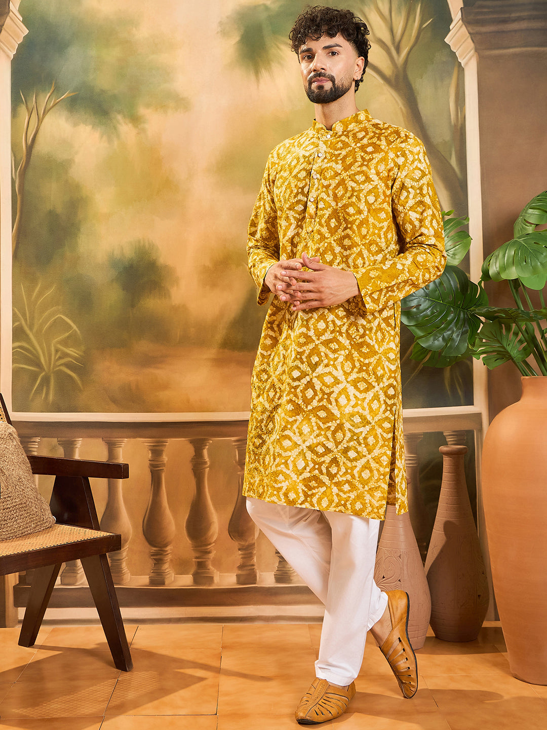 Ethnic Bay Men Yellow Pure Cotton Shibori Embroidered Straight Kurta with Trouser-MKSET1462