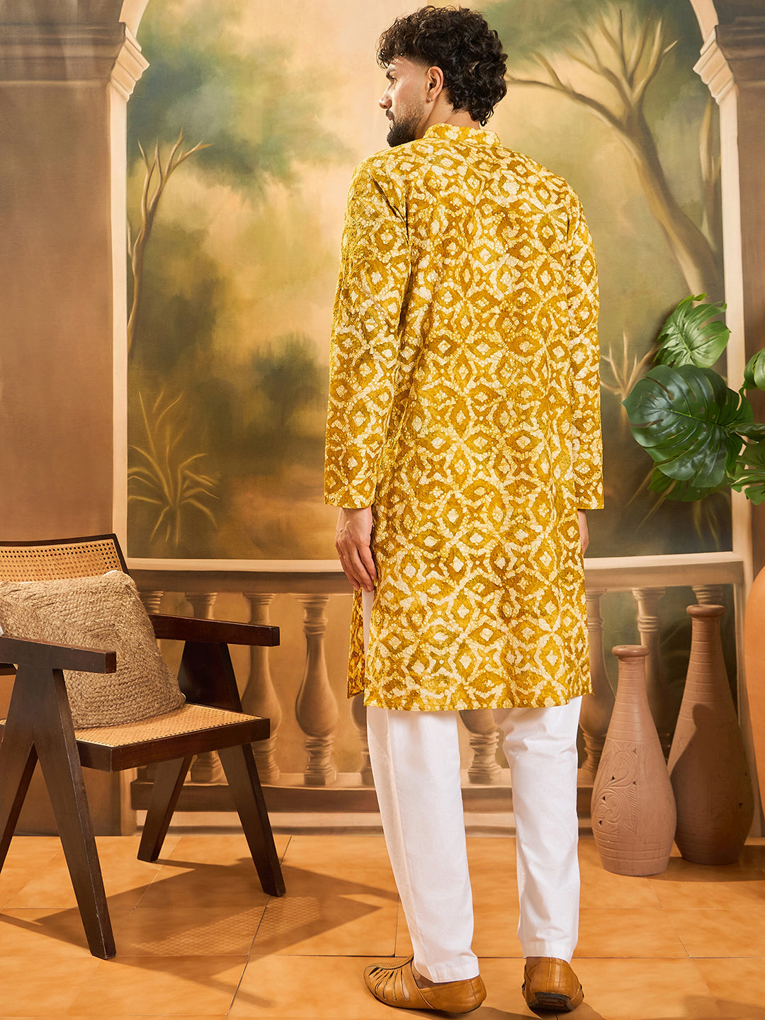 Ethnic Bay Men Yellow Pure Cotton Shibori Embroidered Straight Kurta with Trouser-MKSET1462