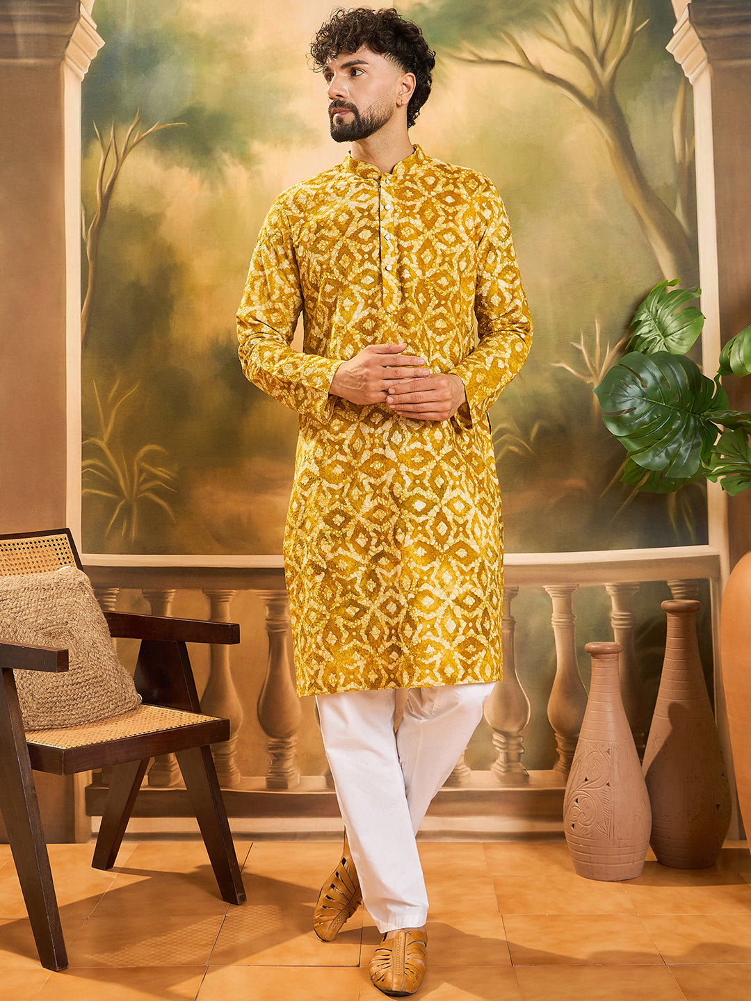 Ethnic Bay Men Yellow Pure Cotton Shibori Embroidered Straight Kurta with Trouser-MKSET1462
