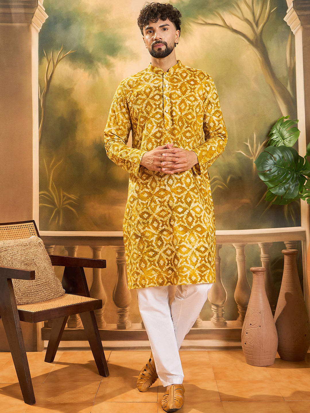 Ethnic Bay Men Yellow Pure Cotton Shibori Embroidered Straight Kurta with Trouser-MKSET1462