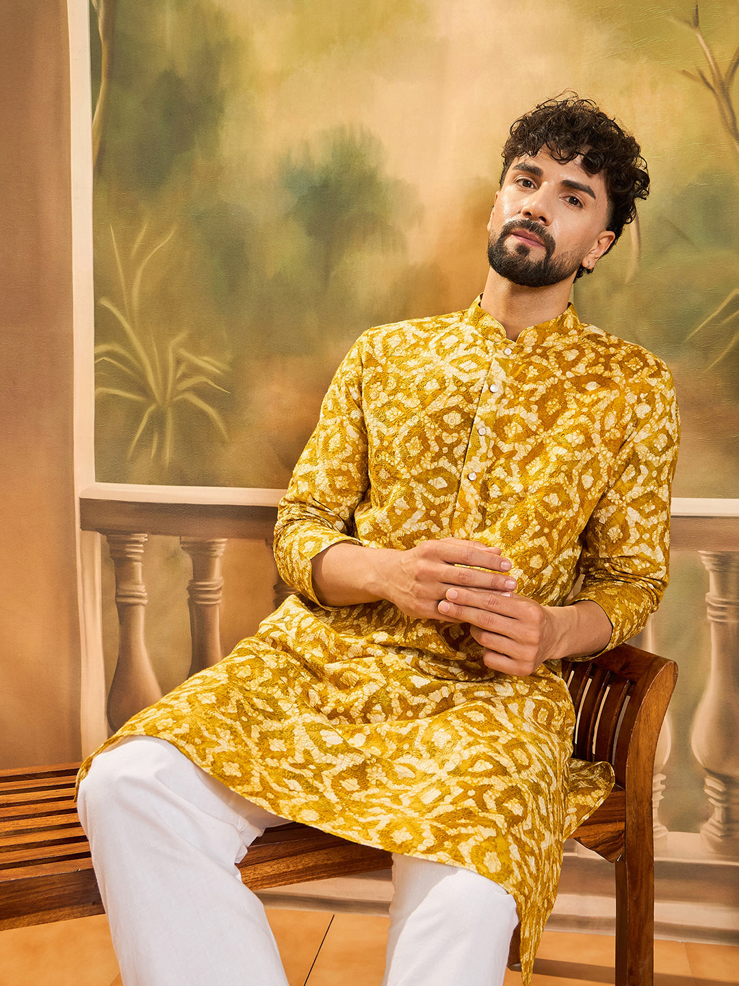 Ethnic Bay Men Yellow Pure Cotton Shibori Embroidered Straight Kurta with Trouser-MKSET1462